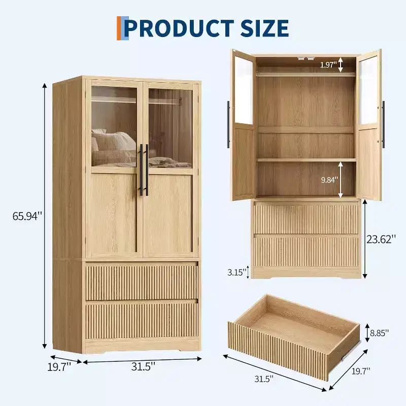 Wardrobe Closet with Glass Wave Panel Doors 2 Drawers and Shelves Natural Wood Tone