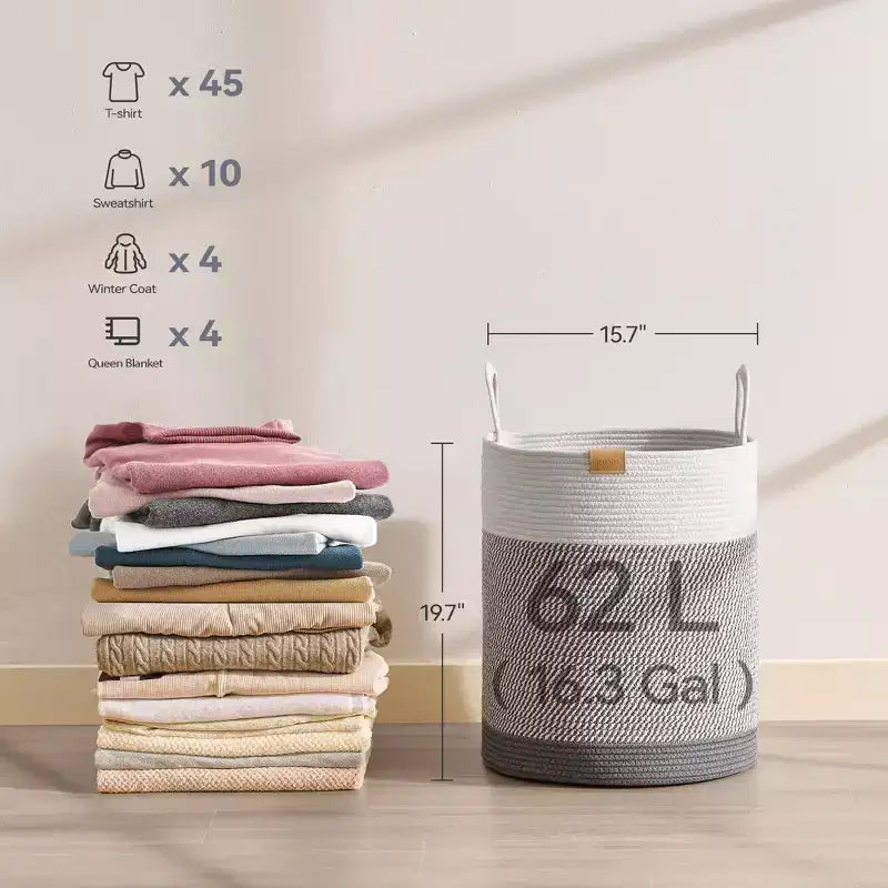 Narwey Laundry Hamper 62L,Large Laundry Basket for Clothes,Decorative Storage Basket for Blankets,Cotton Rope