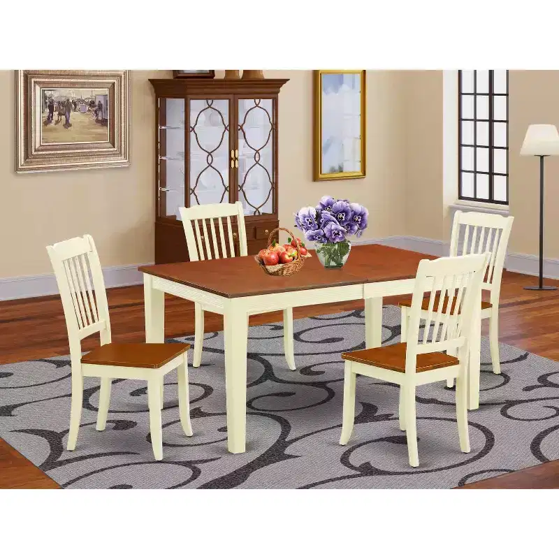 Art Nouveau Dining Set 54x66 Inch Table w/ Leaf & 4 Chairs - Rectangular Kitchen Table Set