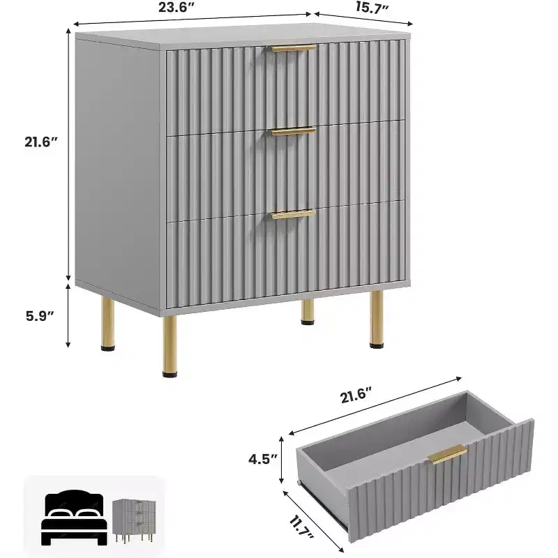 Acekool 3 Drawer Dresser, Modern Fluted Nightstand with Deep Drawers & Gold Legs, Small Side Table Organizer for Bedroom or Living Room