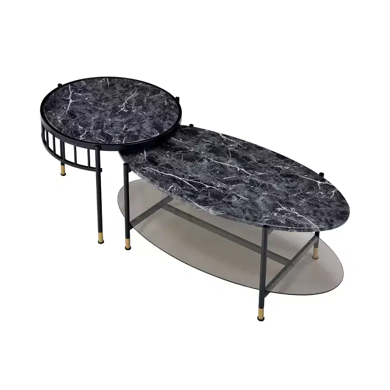 Acme Furniture 40" Silas Accent Table Set with Shelf: Faux Marble, Round, Metal Base