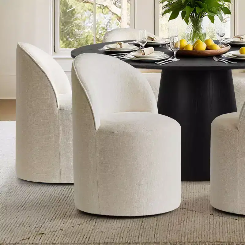 Modern Round Dining Table Set For 6, Black Pedestal Dining Table, Chenille Swivel Rolling Barrel Chairs With Wheels - Panipeachy