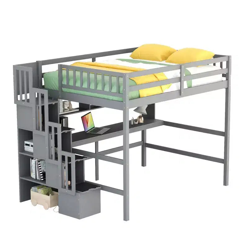 Full Size Loft Bed with Built-in Desk, Storage Shelves & Storage Staircase for Bedroom - Gray