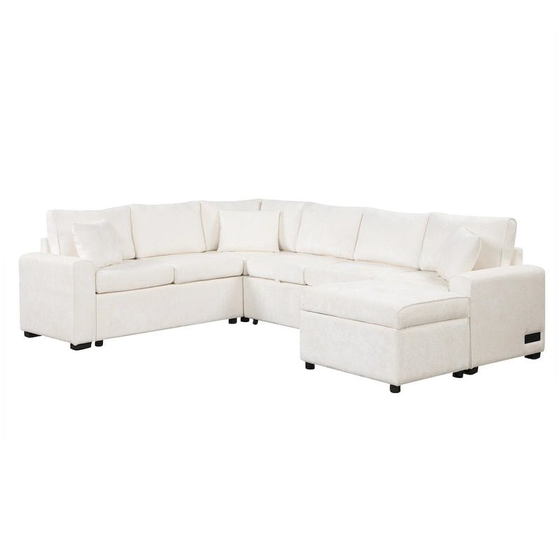 Chenille Sectional Sofa Pull-out Sofa Bed, L-Shape Sleeper Sofa with Storage Ottoman, 3 Pillows and Charging Devices