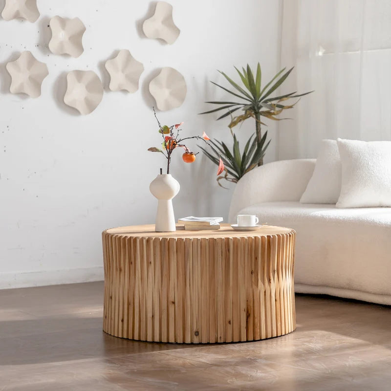 Retro Fashion Style Cylindrical Coffee Table with Vertical Texture Relief Design