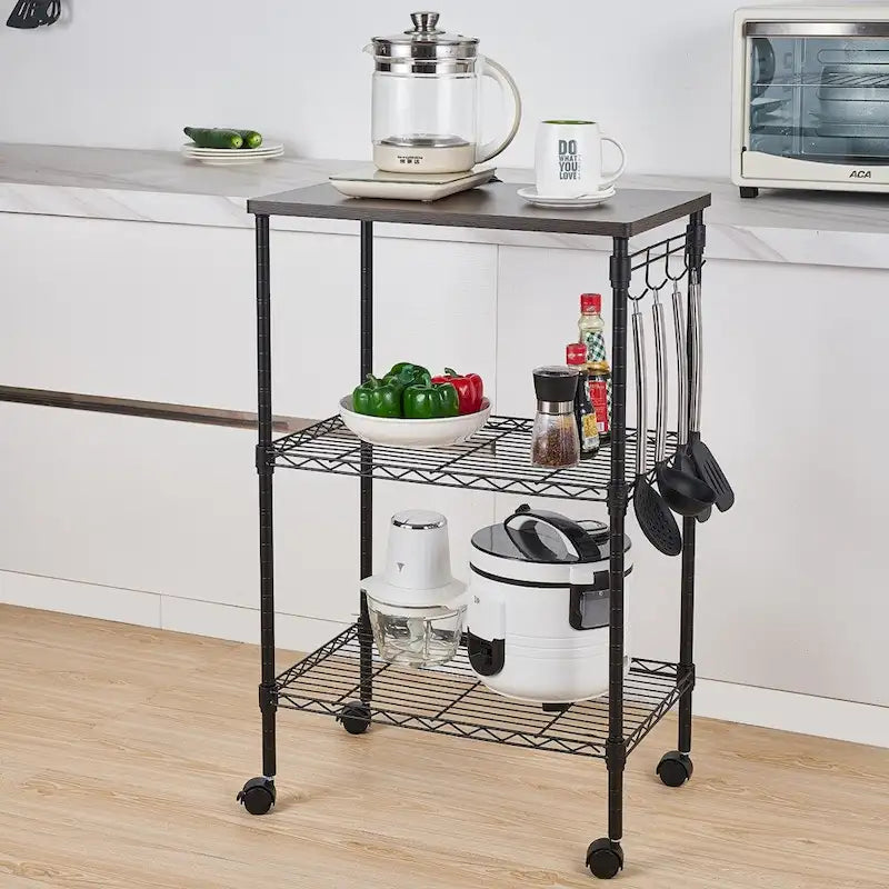 Black 3-Tier Rolling Kitchen Utility Cart with Wood Top and Locking Casters