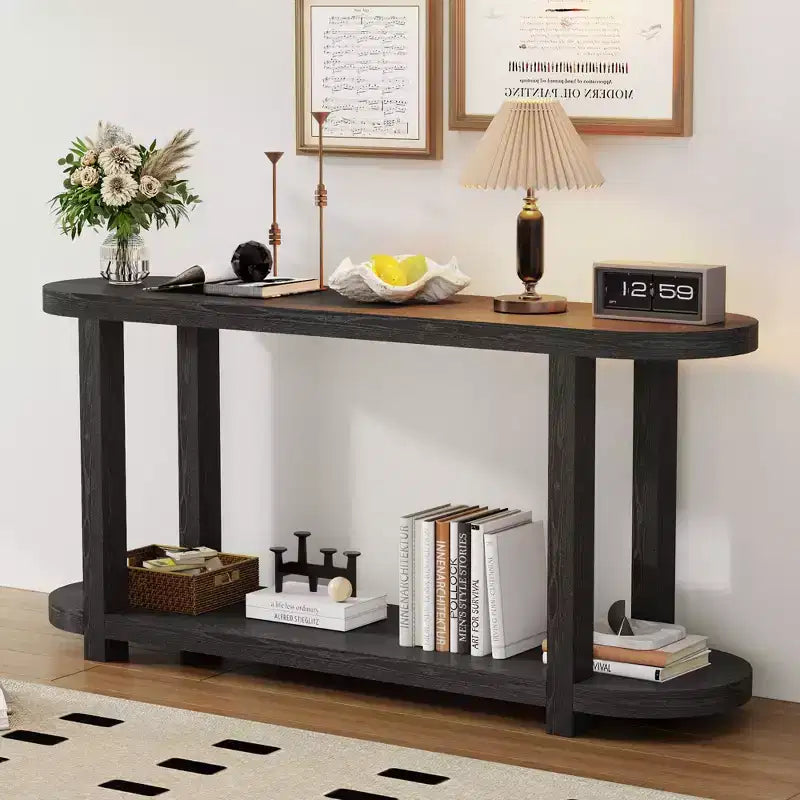 Okak Modern 2-Tier Oval Console Table with Streamlined Top,Minimalist Wooden Entryway Table for Study,Hallway,Living Room