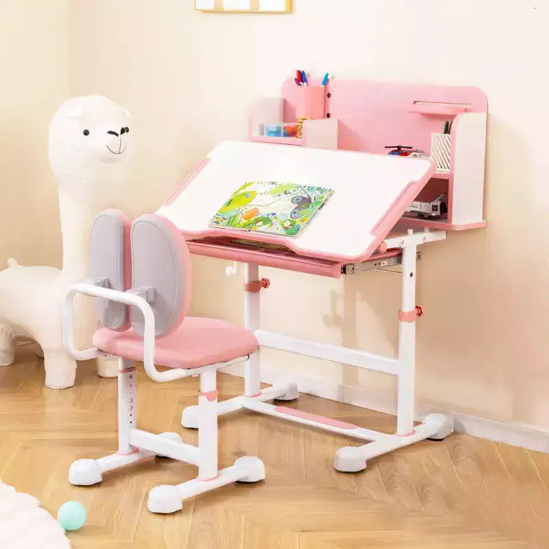 Costway Kids Study Desk & Chair Set with Tilt Desktop, Pen Holder & Tray, Reading Stand Blue/Gray
