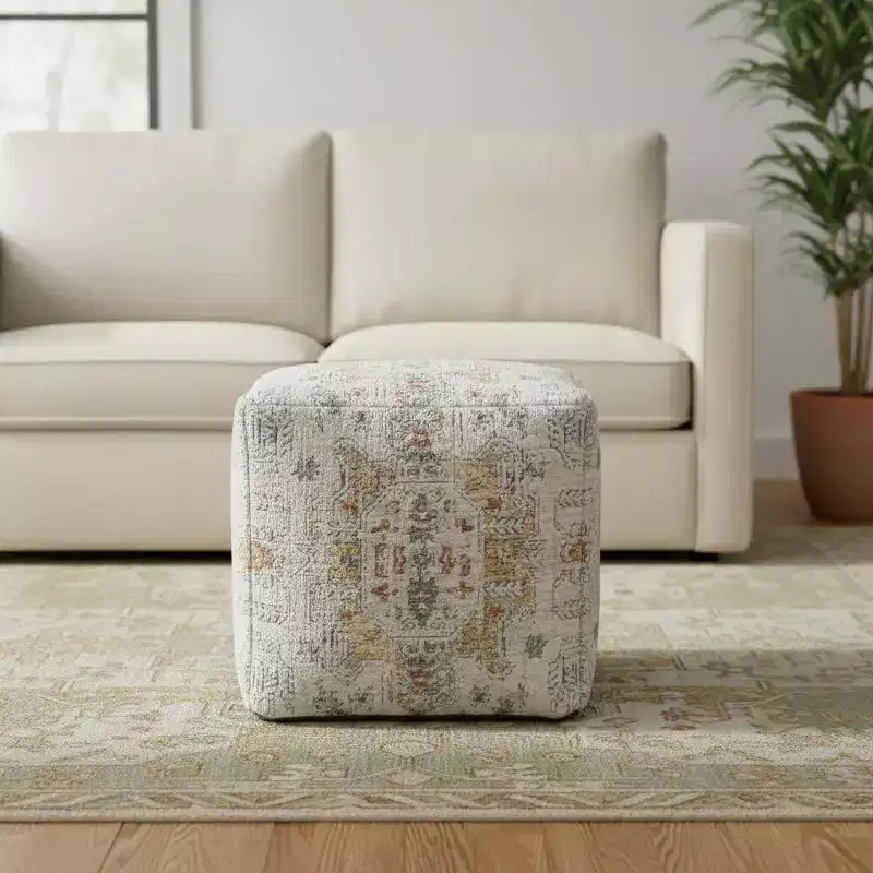 HomeRoots 18 Ivory and Light Gray Upholstered Medallion Pouf Ottoman