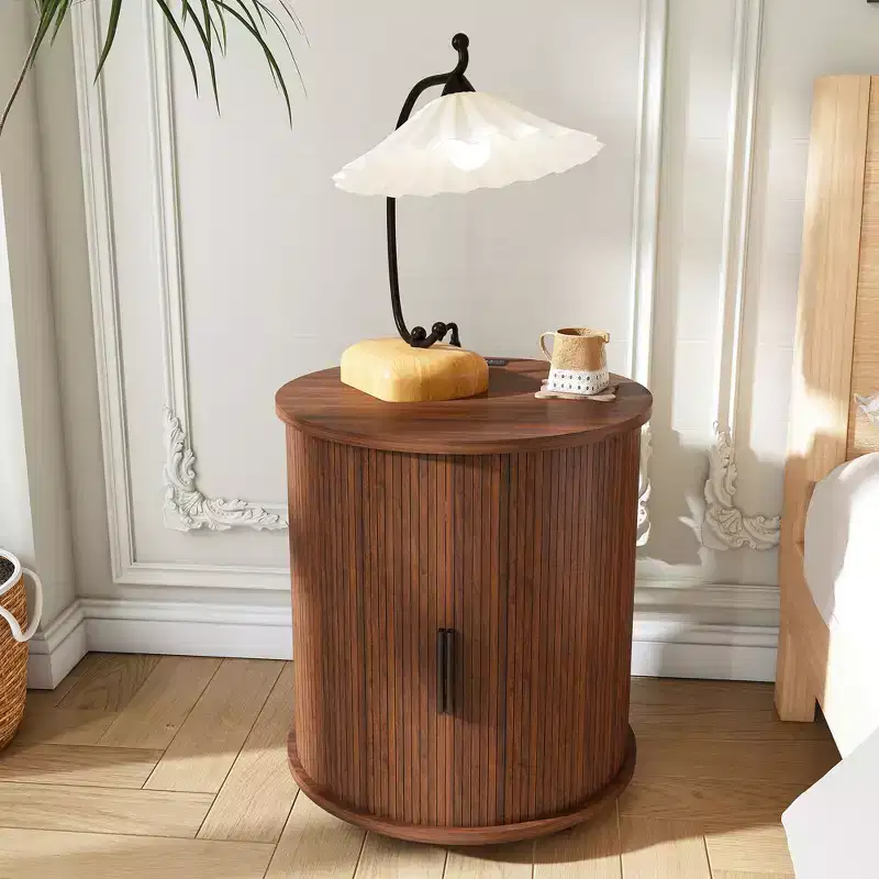 GDFStudio Orion Mid-Century Modern Cylinder End Table with Sliding Door and Charging Station