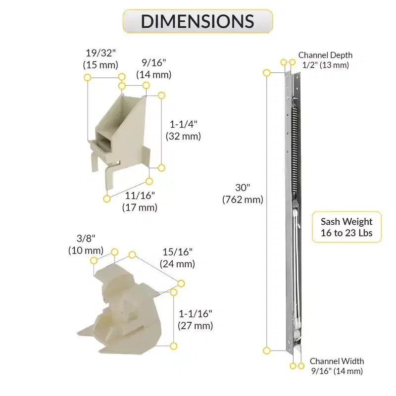 Brixwell 60-293-3 Window Channel Balance 16 To 23 Lbs Sash Weight 30 Length With 60-508a Top and 60-503a Bottom Sash Guide Aluminium