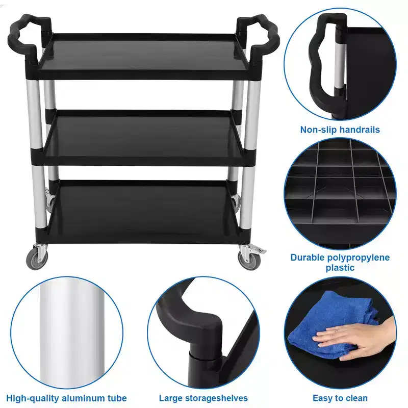 Utility Service Cart with Brake Wheel, 3 Shelf 360LBS Heavy Duty Rolling Service Cart with 360 Swivel Wheels, Restaurant Food Cart with Hammer