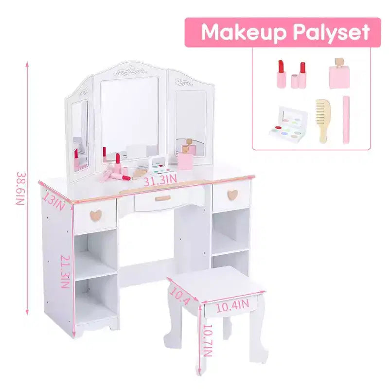 GustoWave Kids Vanity Set with Mirror and Drawer - Girls' Vanity Table and Chair Set with Wood Makeup Playset, Perfect for 3-9 Yr, White