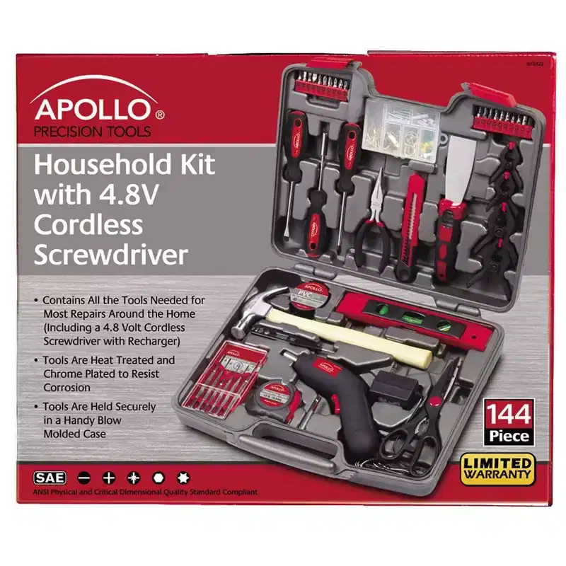 Apollo Tools 144pc Household Tool Kit with 4.8V Cordless Screwdriver [US_DRIVER_LICENSE] Red: Steel Alloy, Screwdrivers Set