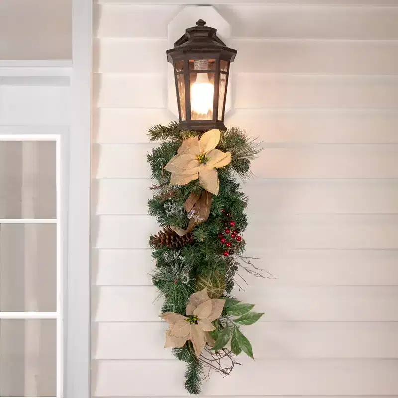 Northlight 28 Unlit Mixed Pine Berry and Burlap Poinsettia Artificial Christmas Teardrop Swag