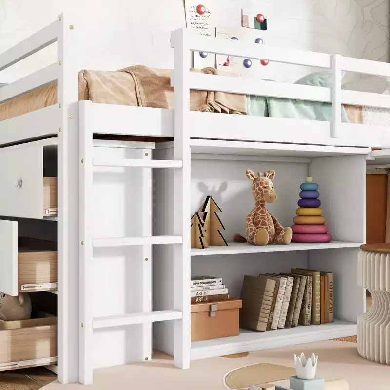 MAYEERTY Twin Loft Bed with Drawer Cabinet Shelf Cabinet and Pulling Out Desk,Rubber Wood Loft Bed with Guardrail Ladder White