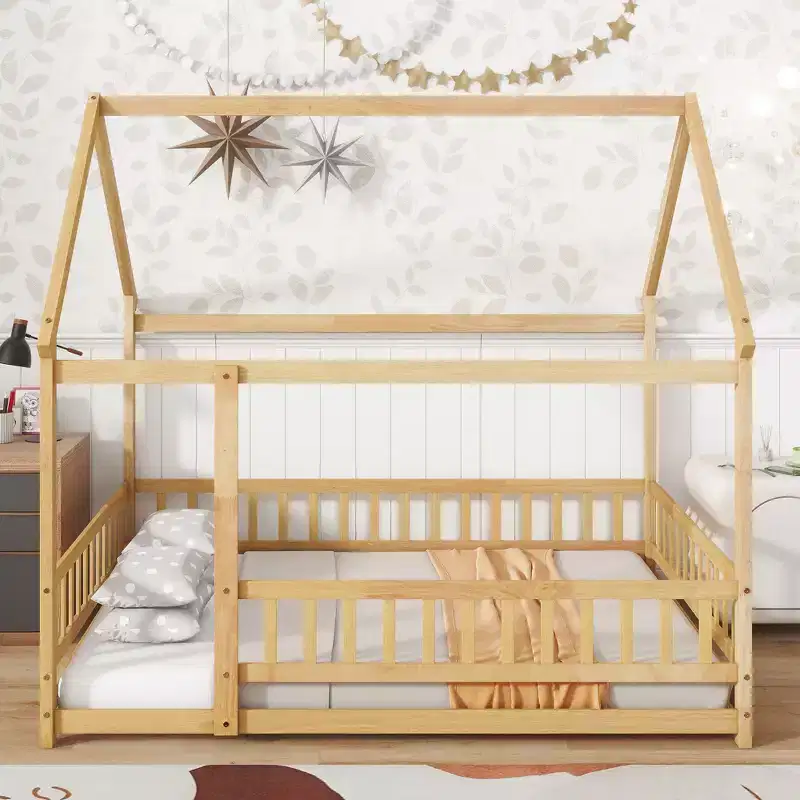 Full Size House Bed for Kids, Solid Wood Floor Bed, Montessori Floor Bed with Fence and Roof, (Full, Natural)