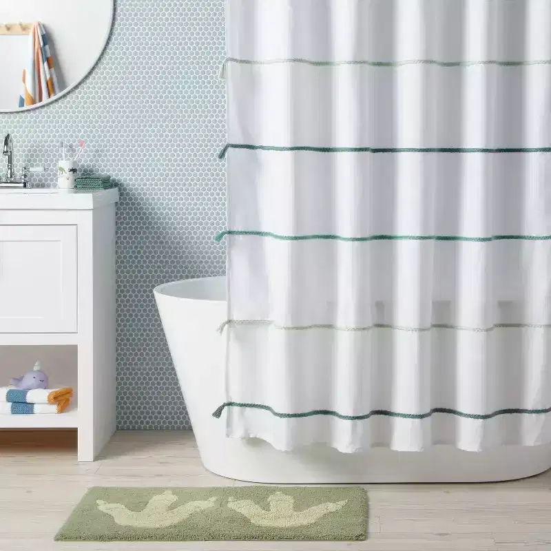 Striped with Tassels Kids' Shower Curtain Blue - Pillowfort™: Twill, Machine Wash, Buttonhole Top, OEKO-TEX Certified