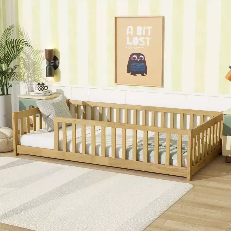Twin Size Montessori Floor Bed with Safety Fence and Guardrails