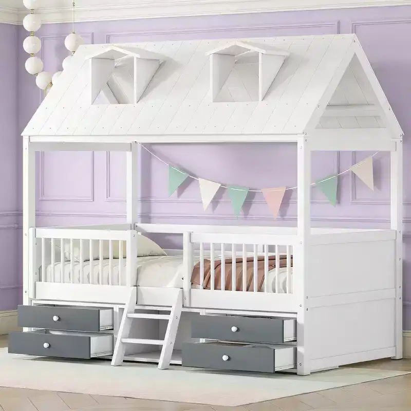 Luxystar Modern Wood House Bed Frame with 4 Drawers and Shelf