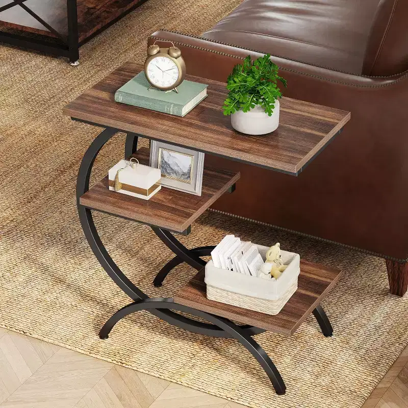 Industrial 3-Tier C-Shaped Side End Table for Living Room