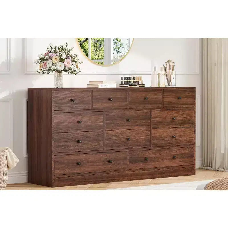 12-Drawer Dresser for Bedroom, 61 Wooden Chest with Built-In Power Outlet, Large Storage Organizer for Clothes, Living Room, Hallway, or Office