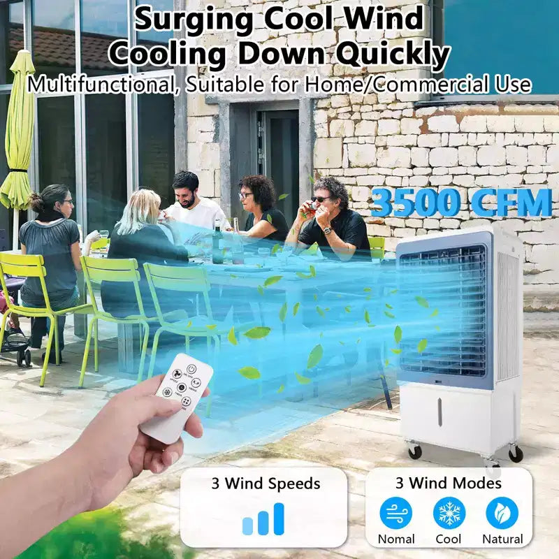 3500CFM Evaporative Air Cooler, Swamp Cooler with Remote Control and 12H Timer, 4 Ice Packs, 3 Modes & Wind Speeds for Outdoor Indoor Use, 13.2 Gallon