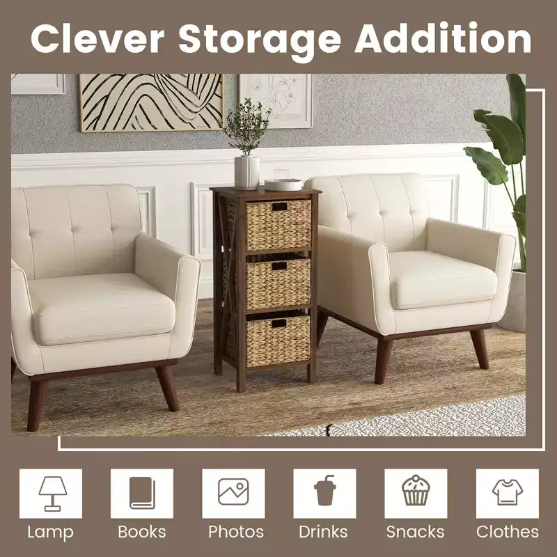 Costway 1/2 PCS 3-Tier Nightstand with 3 Seagrass Baskets Rubber Wood X-Shaped Frames 3 Drawers