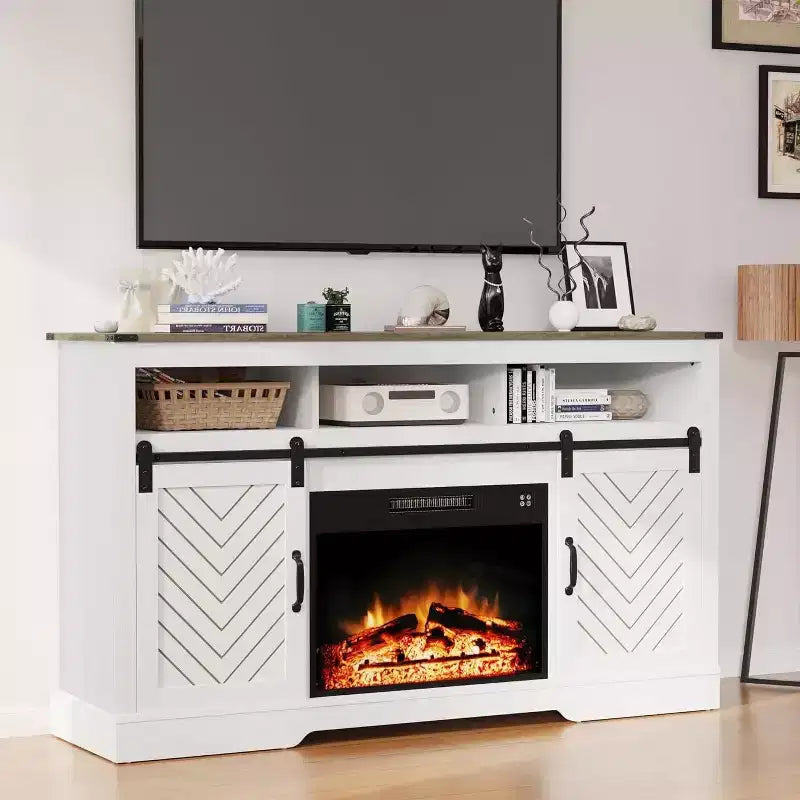 Heynemo Fireplace TV Stand for 65''+, Farmhouse Entertainment Center with 23 Electric Fireplace with Remote and Sliding Bar Door