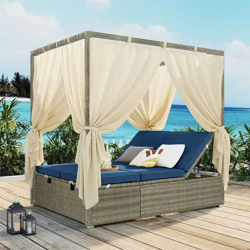 Outdoor Rattan Daybed with Adjustable Backrest and Curtains, Paio Sunbed Sun Lounger with Canopy and Removable Cushion