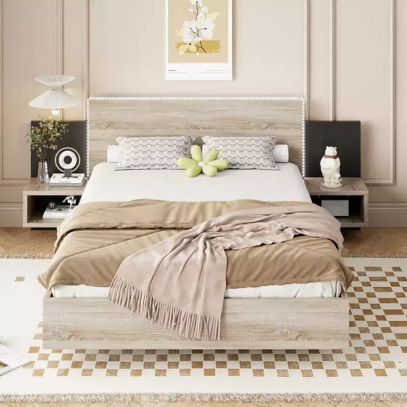 Queen/King Floating Platform Bed Frame with Bedside Nightstand Bed with LED Strong Wood Slats No Springs Required Easy to Assemble