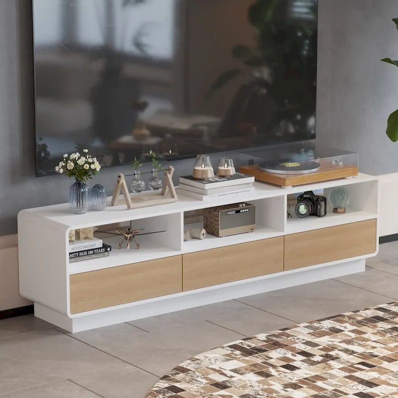 70.9 TV Stand with Oak Veneer Drawers and Open Shelving