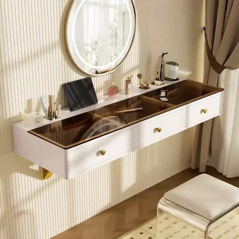 GO 47 Floating Shelf with Drawer, Multi-Purpose Wall-Mounted Vanity Table, Mounted Desk, Floating Table for Bedroom, Bathroom, White and Golden