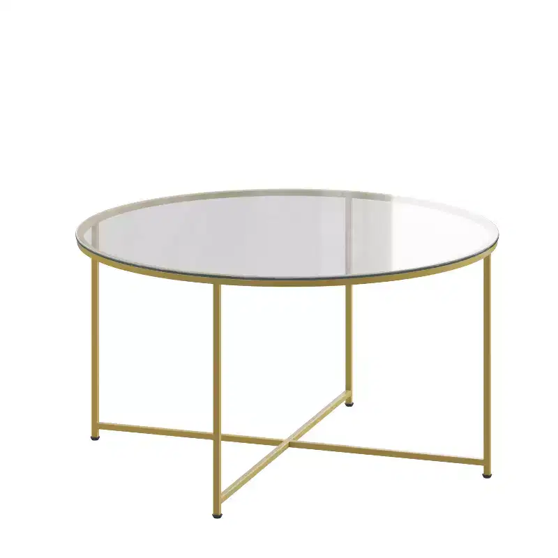 Glass Living Room Coffee Table with Crisscross Metal Frame