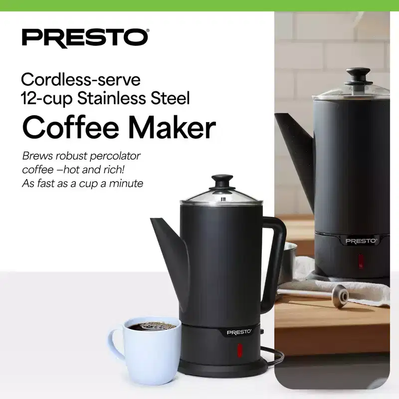 Presto 02815 Cordless Coffee Maker Stainless Steel Percolator, Easy Pour, Black