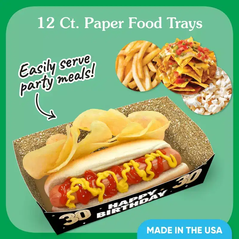 Big Dot of Happiness 30th Birthday Party Paper Food Trays, Disposable Food Boats, Black & Gold Picnic, BBQ, Double-Sided Paper Meal Holders - 12 Ct