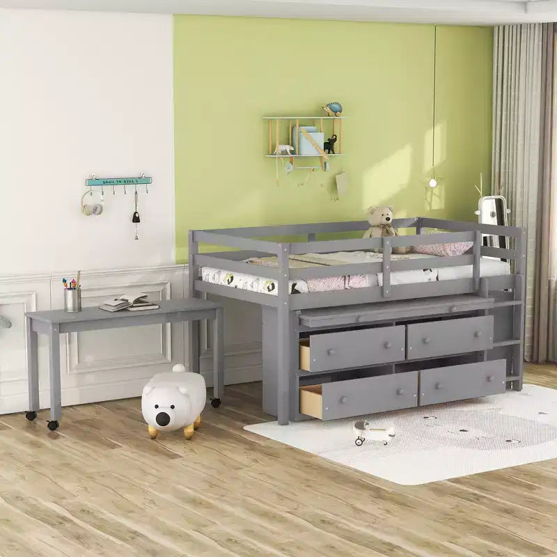 Twin/Full Size Loft Bed with Retractable Writing Desk and 4 Drawers, Wooden Low Loft Bed Frame with Shelves - ModernLuxe