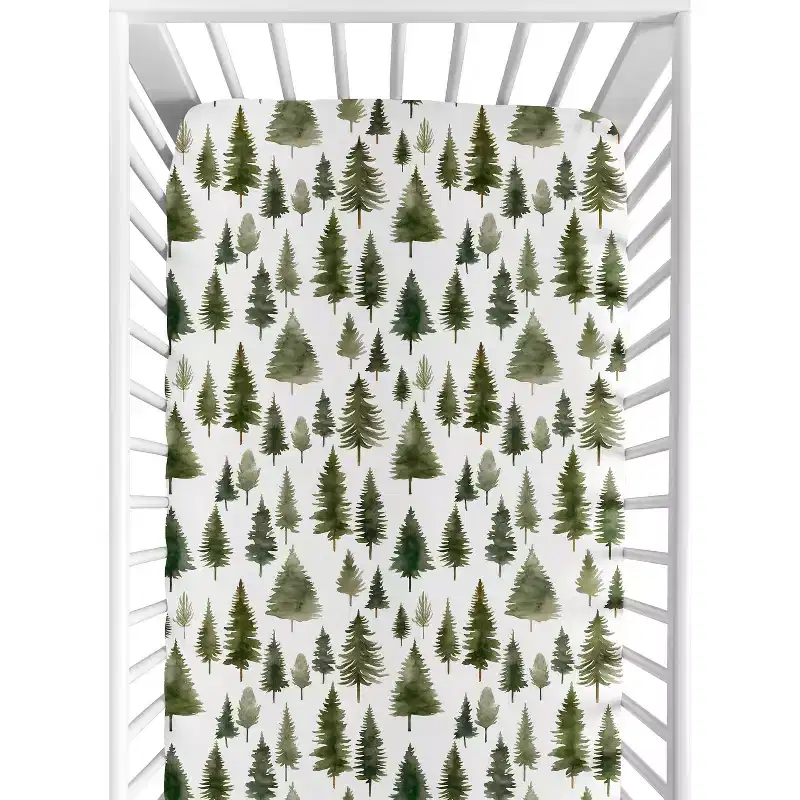 Sweet Jojo Designs Gender Neutral Unisex Fitted Crib Sheets Set Woodland Pine Tree Green and White 2pc