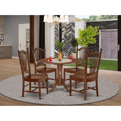 HomeStock 5-Piece Round Mahogany Finish Solid Wood Top Dining Table with 4 Chairs with Drop Leaf