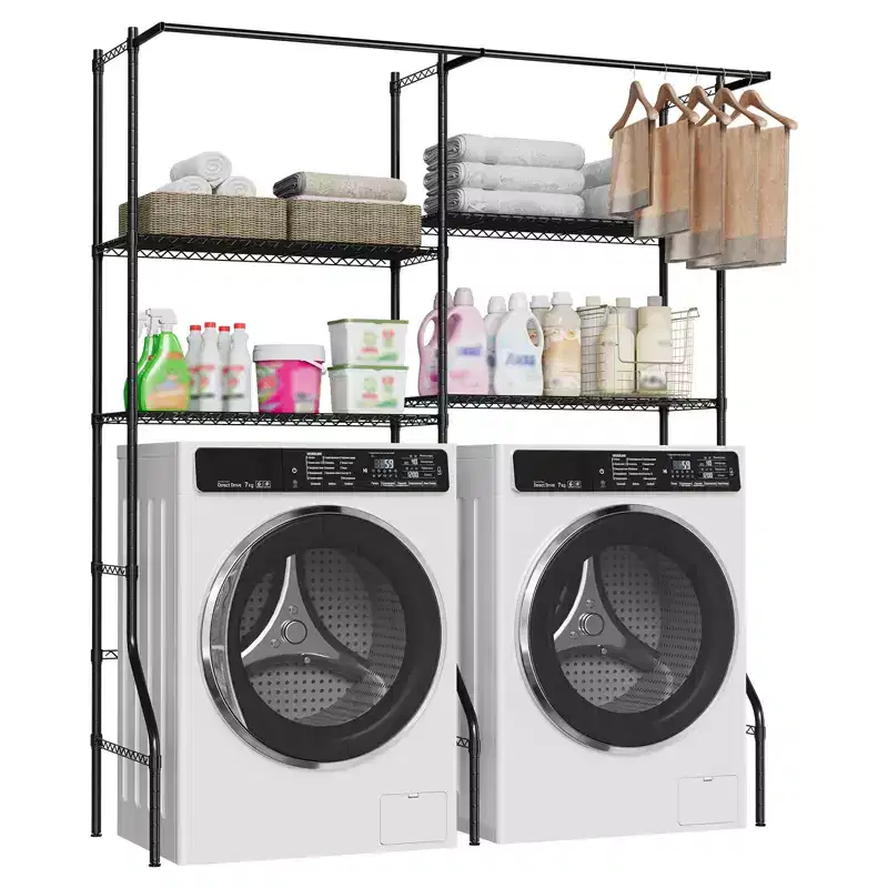Laundry Shelf Over Washer Dryer, 6-Tier 57.8W x 22D x 77.4H Carbon Steel Storage Shelves with Hanging Rods