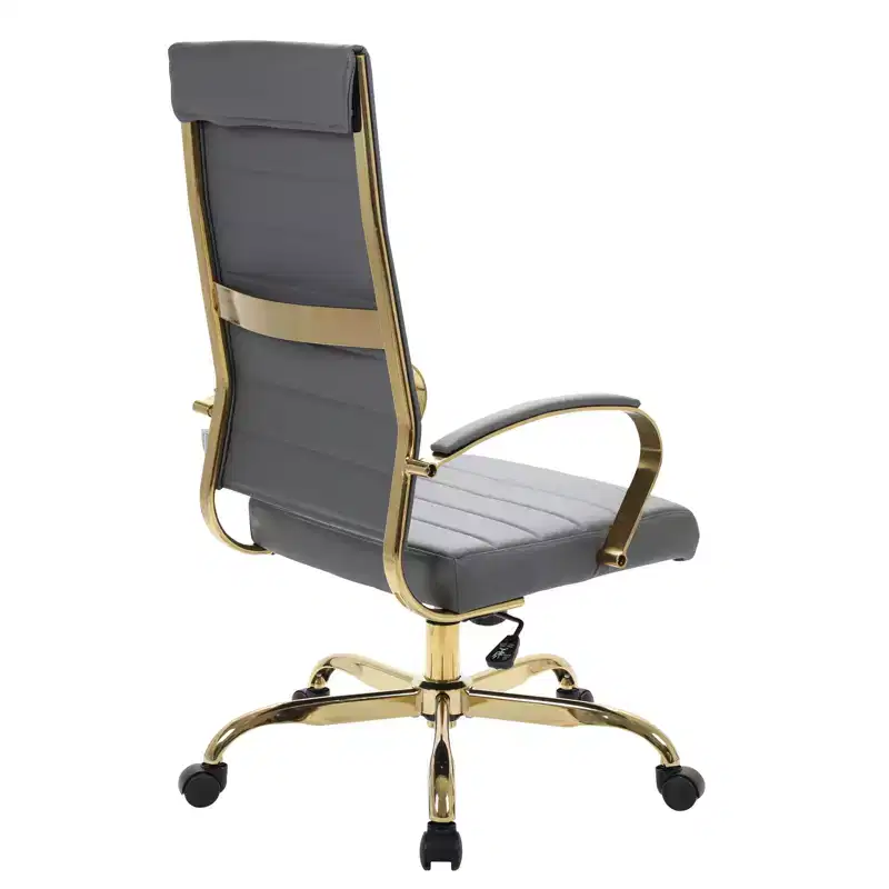 LeisureMod Benmar High-Back Ribbed Leather Office Chair - Modern Swivel & Tilt Executive Desk Chair - Gold Base