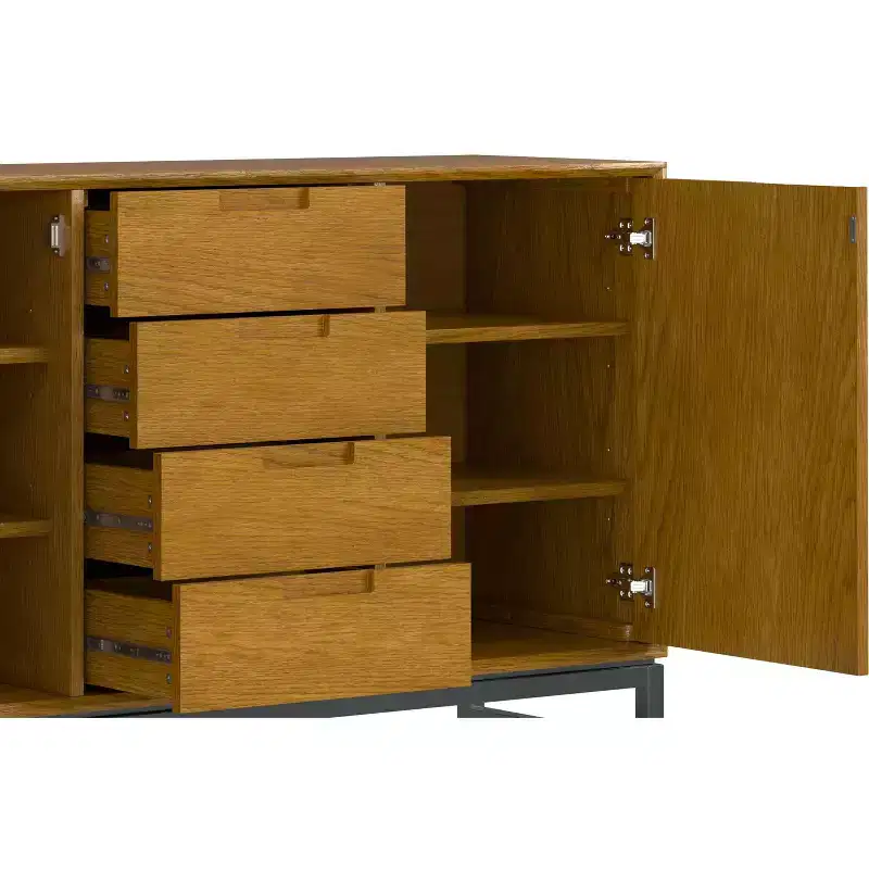 Devlin and Metal 60 inch Wide Rectangle Industrial Sideboard with Centre Drawers in Oak Veneer