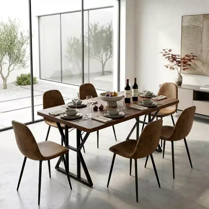FurnitureR 7 Piece Dining Table Set for 6, Industrial Kitchen Table with 6 Suede Chairs, Modern Dining Room Furniture Set for Home, Kitchen, Apartment