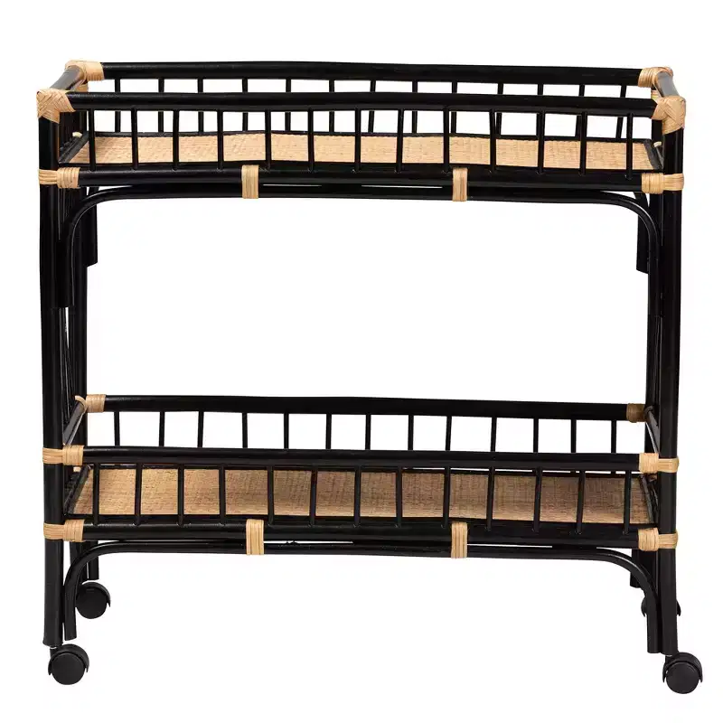 bali & pari Dalinda Modern Bohemian Two-Tone Black and Natural Brown Rattan 2-Tier Kitchen Cart