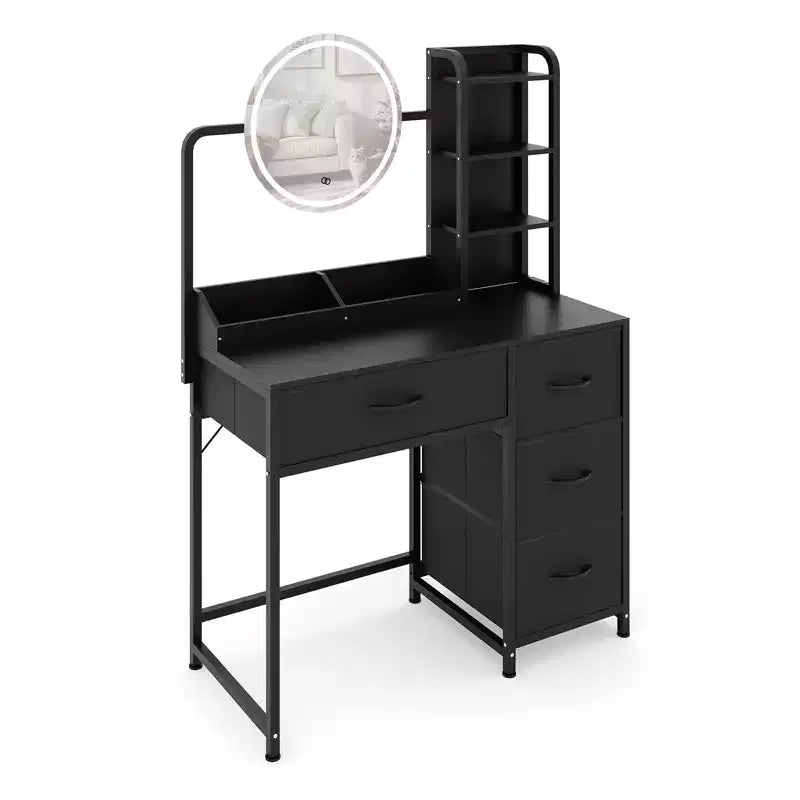 35 Makeup Vanity Desk with Mirror and Lights, Small Dressing Table with 4 Fabric Drawers & Open Shelves, Makeup Vanity Table for Bedroom
