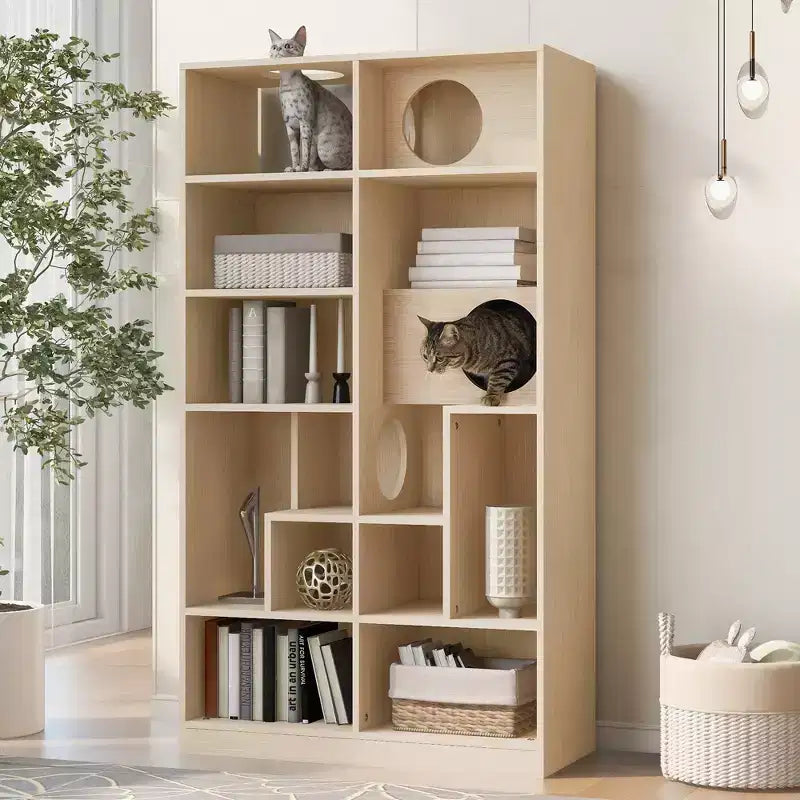 63.5 Tall Bookcase with Storage, Furniture Style Cat Tree Tower, Freestanding Display Cat Tree, Multifunctional Open Bookshelf for Home Living Room