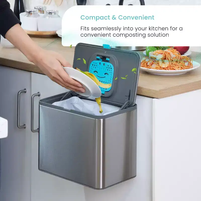 Home Zone Living 1.3 Gallon Stainless Steel Compost Bin with CleanAura Odor Control and Removable Liner, Silver
