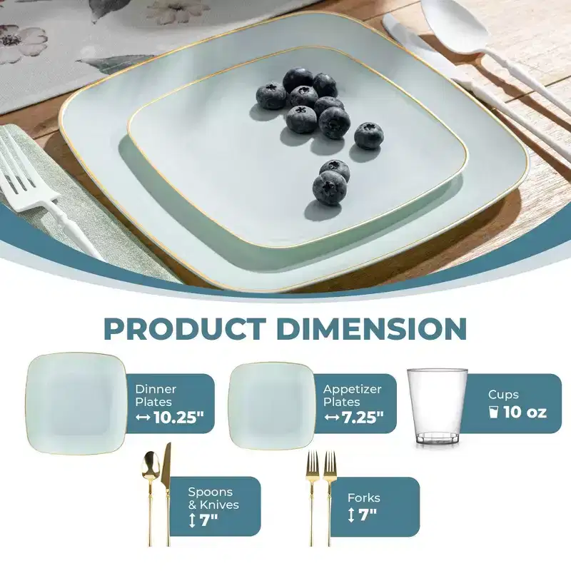 Posh Setting 140 Piece Turquoise And Gold Plastic Party Bundle - Classic Square (20 Settings)