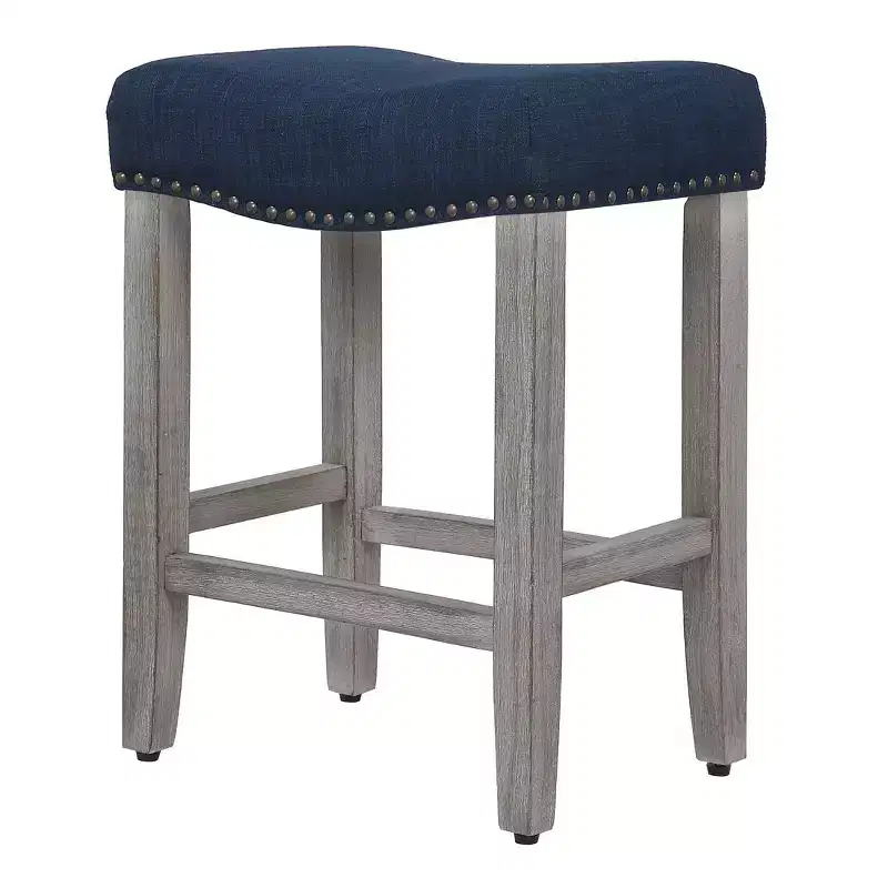 WestinTrends 24 Upholstered Saddle Seat Counter Stool (Set of 2), Antique Gray/Navy Blue