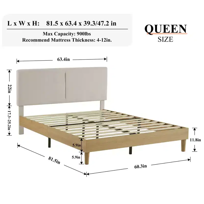 VECELO 3-Piece Upholstered Bed & Nightstand Set, Light Beige Fabric Bed Frame with 2 Storage Nightstands